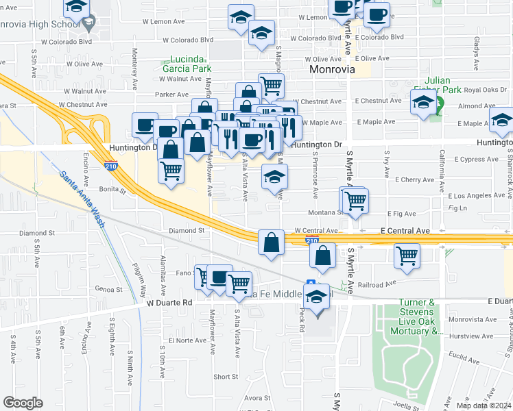 map of restaurants, bars, coffee shops, grocery stores, and more near 1353 South Magnolia Avenue in Monrovia