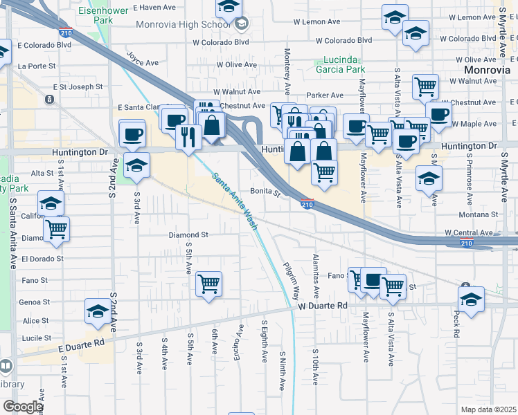 map of restaurants, bars, coffee shops, grocery stores, and more near 733 Montana Street in Monrovia
