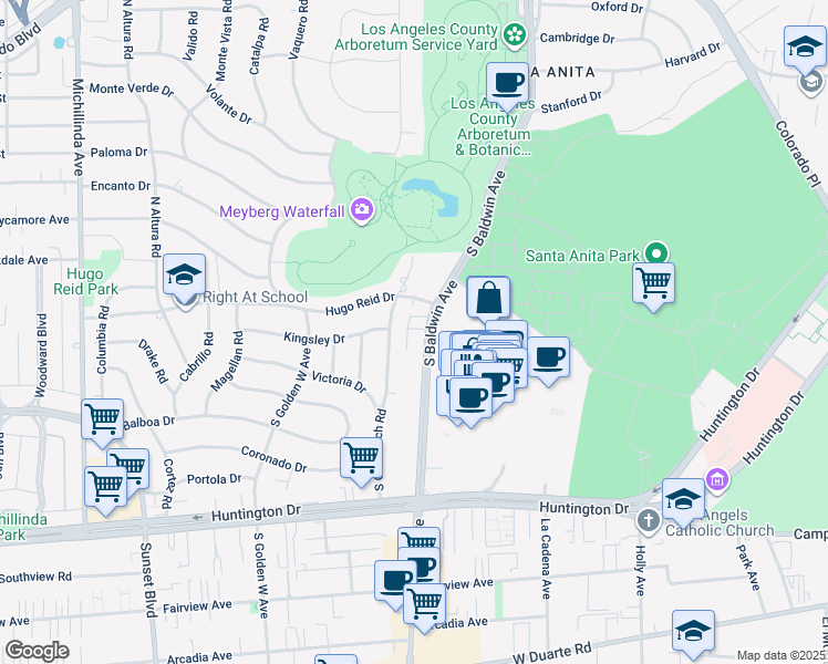 map of restaurants, bars, coffee shops, grocery stores, and more near 303 South Baldwin Avenue in Arcadia