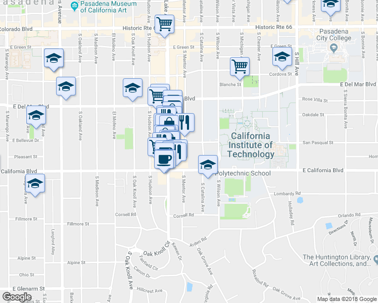 map of restaurants, bars, coffee shops, grocery stores, and more near 946 San Pasqual Street in Pasadena
