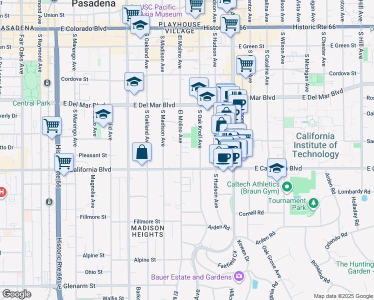 map of restaurants, bars, coffee shops, grocery stores, and more near 511 South El Molino Avenue in Pasadena