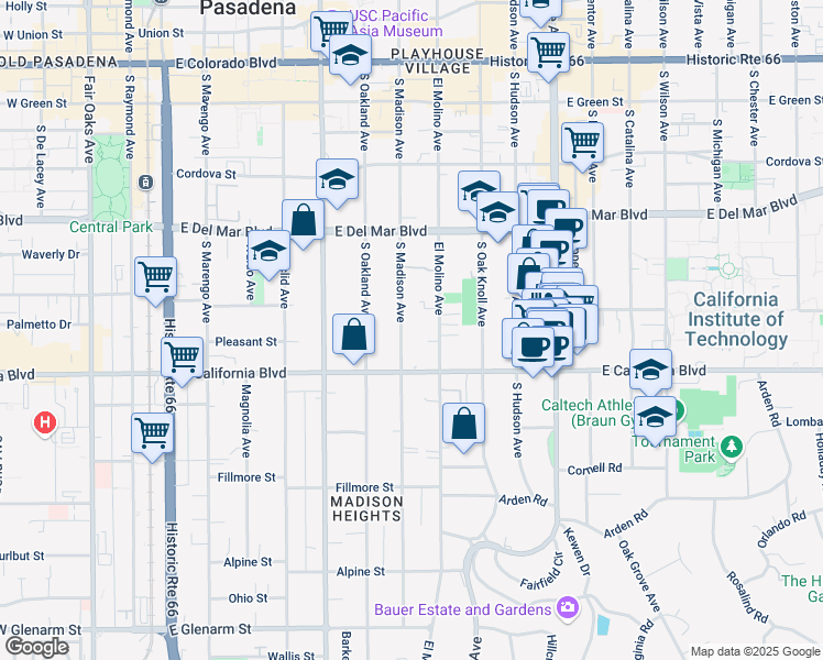 map of restaurants, bars, coffee shops, grocery stores, and more near 507 South Madison Avenue in Pasadena