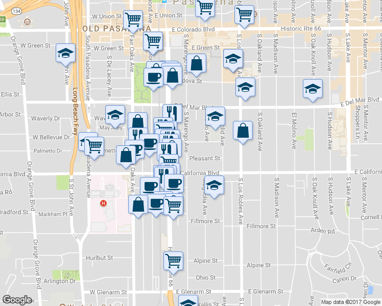 map of restaurants, bars, coffee shops, grocery stores, and more near 509 South Marengo Avenue in Pasadena