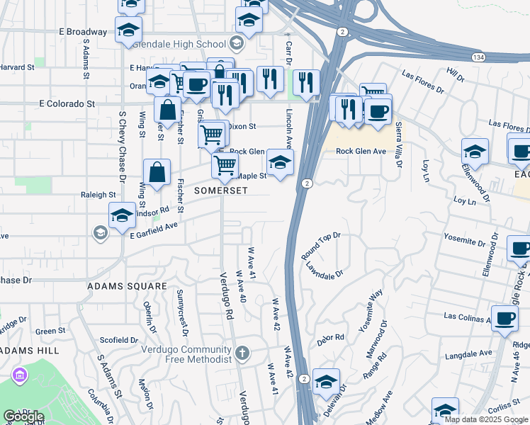 map of restaurants, bars, coffee shops, grocery stores, and more near 1448 East Garfield Avenue in Glendale