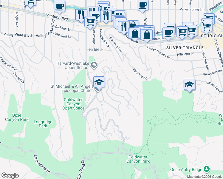 map of restaurants, bars, coffee shops, grocery stores, and more near 3700 Alta Mesa Drive in Los Angeles