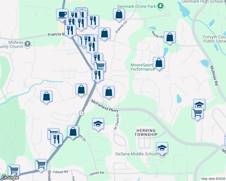 map of restaurants, bars, coffee shops, grocery stores, and more near 165 Creamer Way in Alpharetta