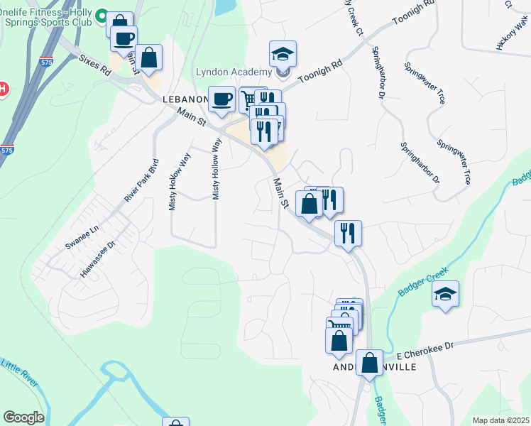 map of restaurants, bars, coffee shops, grocery stores, and more near 405 Ruths Boulevard in Woodstock
