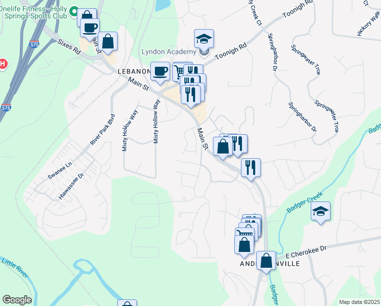 map of restaurants, bars, coffee shops, grocery stores, and more near 409 Ruths Boulevard in Woodstock
