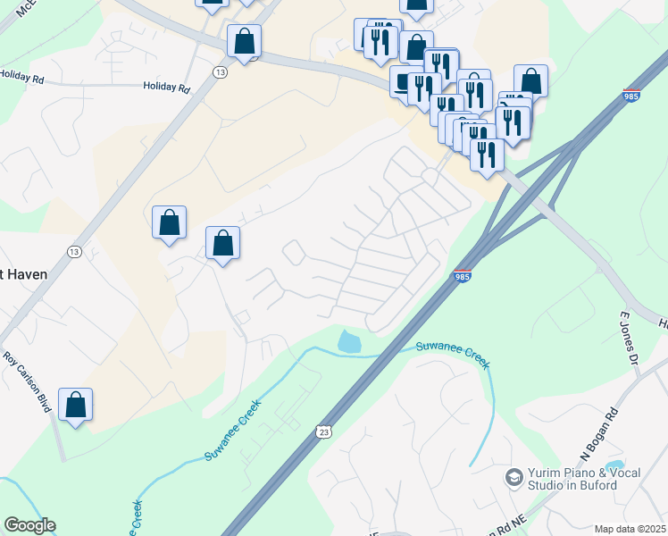 map of restaurants, bars, coffee shops, grocery stores, and more near 5526 Magnolia Way in Buford