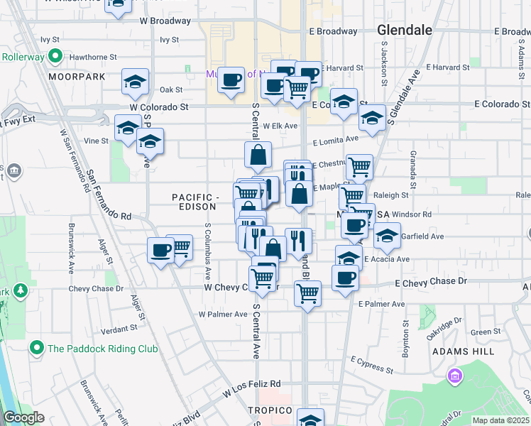 map of restaurants, bars, coffee shops, grocery stores, and more near 211 West Windsor Road in Glendale