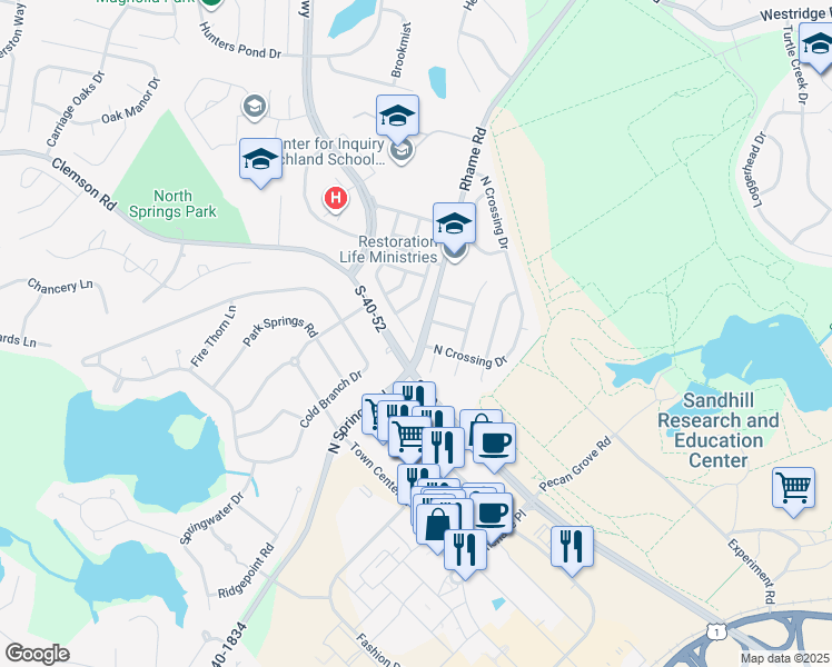map of restaurants, bars, coffee shops, grocery stores, and more near 415 Summit Townes Way in Columbia