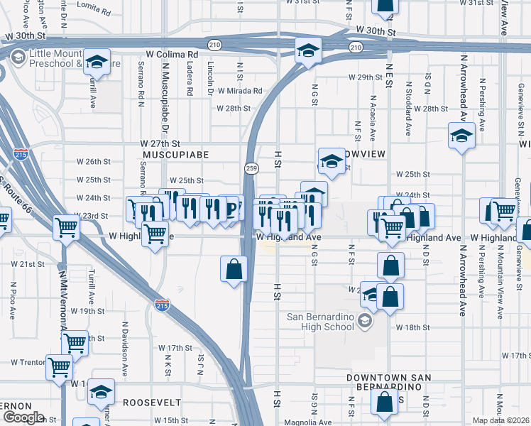 map of restaurants, bars, coffee shops, grocery stores, and more near 828 West 23rd Street in San Bernardino