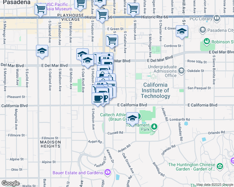 map of restaurants, bars, coffee shops, grocery stores, and more near 960 San Pasqual Street in Pasadena