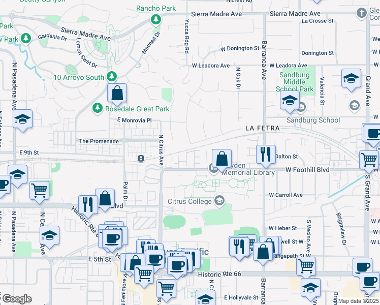 map of restaurants, bars, coffee shops, grocery stores, and more near 1062 Brookfield Place in Glendora