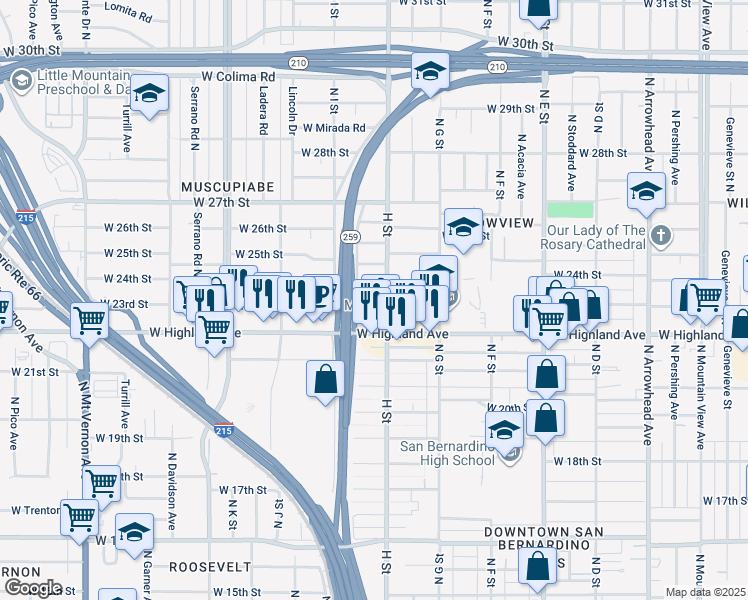 map of restaurants, bars, coffee shops, grocery stores, and more near 828 W 23rd St in San Bernardino