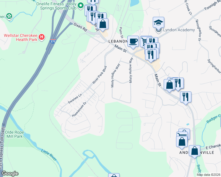 map of restaurants, bars, coffee shops, grocery stores, and more near 169 Misty Hollow Way in Woodstock