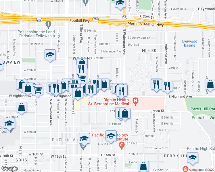 map of restaurants, bars, coffee shops, grocery stores, and more near 2314 Leroy Street in San Bernardino