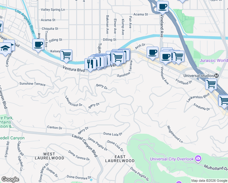 map of restaurants, bars, coffee shops, grocery stores, and more near 3710 Berry Drive in Los Angeles