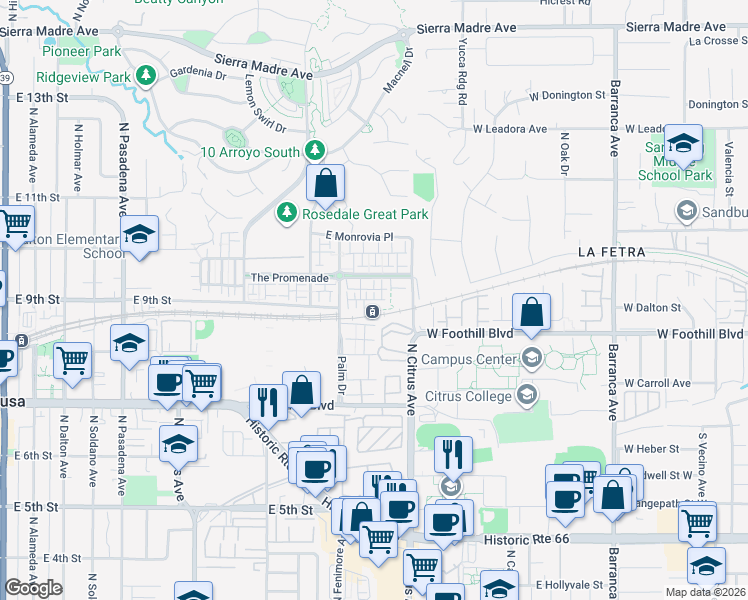 map of restaurants, bars, coffee shops, grocery stores, and more near 878 Iris Way in Azusa