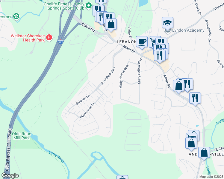 map of restaurants, bars, coffee shops, grocery stores, and more near 547 Ridge View Crossing in Woodstock