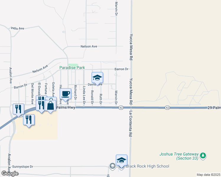 map of restaurants, bars, coffee shops, grocery stores, and more near 6372 Marvin Drive in Yucca Valley