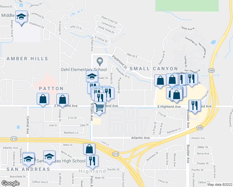 map of restaurants, bars, coffee shops, grocery stores, and more near 2264 Bradford Avenue in Highland