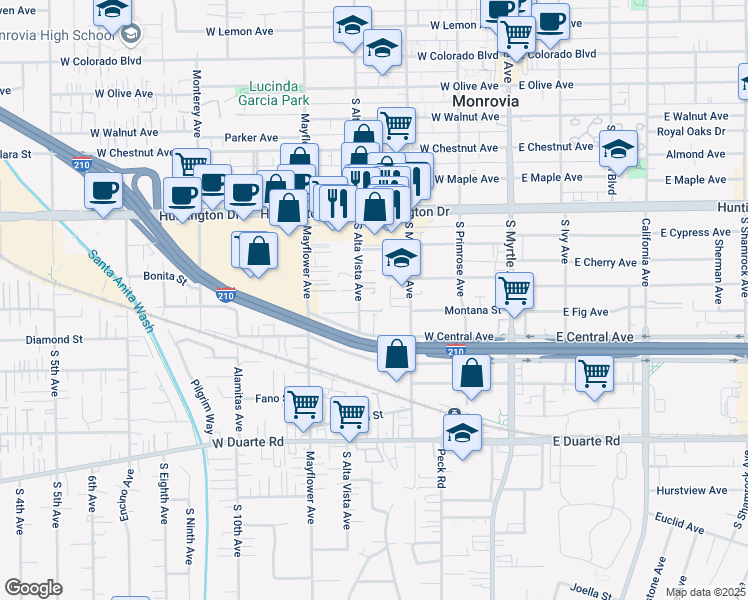 map of restaurants, bars, coffee shops, grocery stores, and more near 1353 South Magnolia Avenue in Monrovia