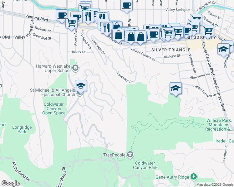 map of restaurants, bars, coffee shops, grocery stores, and more near 3673 Goodland Avenue in Los Angeles
