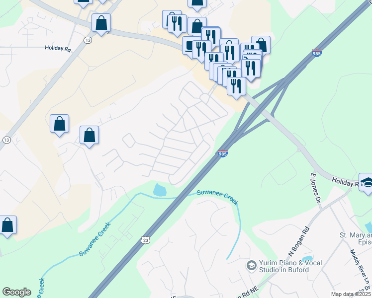map of restaurants, bars, coffee shops, grocery stores, and more near 5473 Rolling Oak in Buford