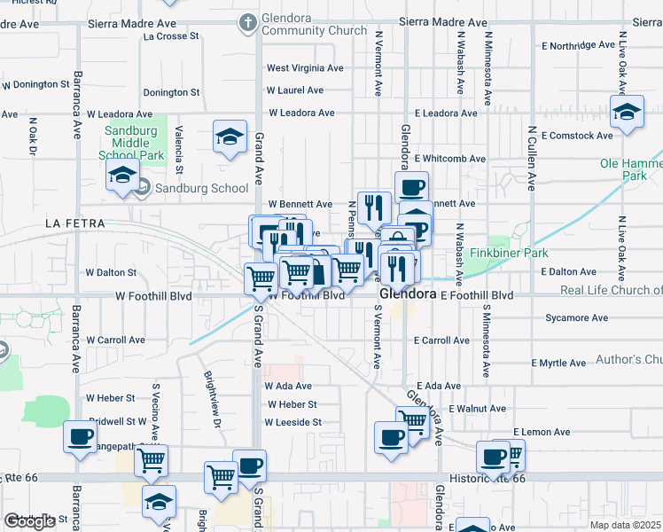 map of restaurants, bars, coffee shops, grocery stores, and more near 330 West Mountain View Avenue in Glendora