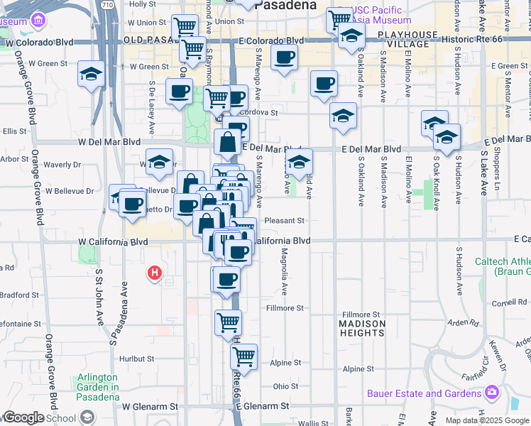 map of restaurants, bars, coffee shops, grocery stores, and more near 509 South Marengo Avenue in Pasadena