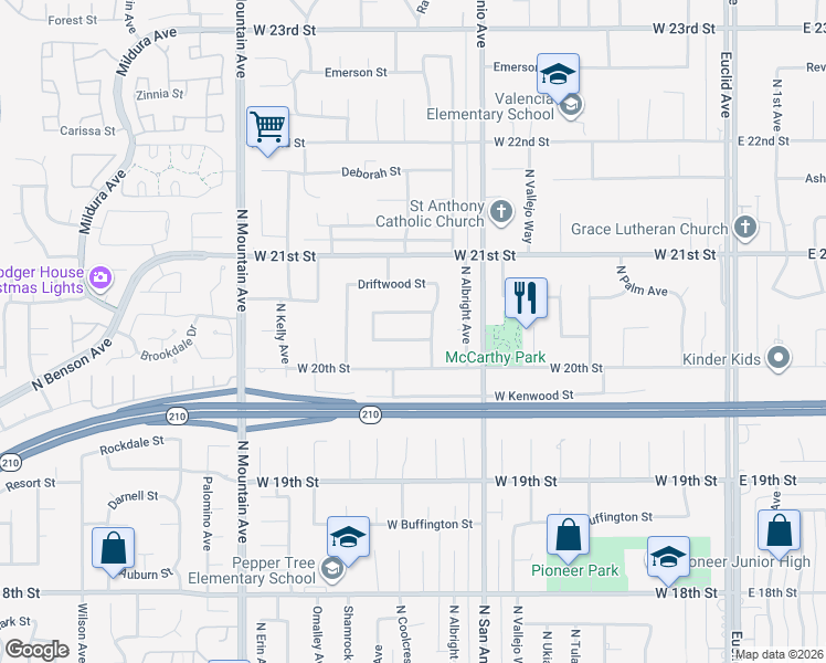 map of restaurants, bars, coffee shops, grocery stores, and more near 915 West Solano Street in Upland