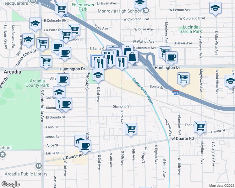 map of restaurants, bars, coffee shops, grocery stores, and more near 421 California Street in Arcadia
