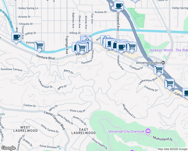 map of restaurants, bars, coffee shops, grocery stores, and more near 3721 Eureka Drive in Los Angeles