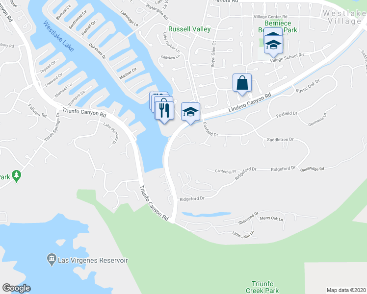map of restaurants, bars, coffee shops, grocery stores, and more near 3630 Summershore Lane in Westlake Village