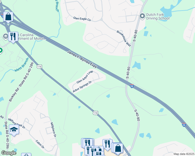 map of restaurants, bars, coffee shops, grocery stores, and more near 184 Arbor Springs Drive in Irmo