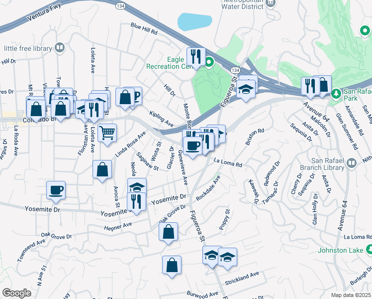 map of restaurants, bars, coffee shops, grocery stores, and more near 1100 Colorado Boulevard in Los Angeles