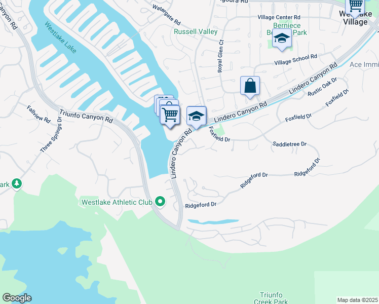 map of restaurants, bars, coffee shops, grocery stores, and more near 3630 Summershore Lane in Westlake Village