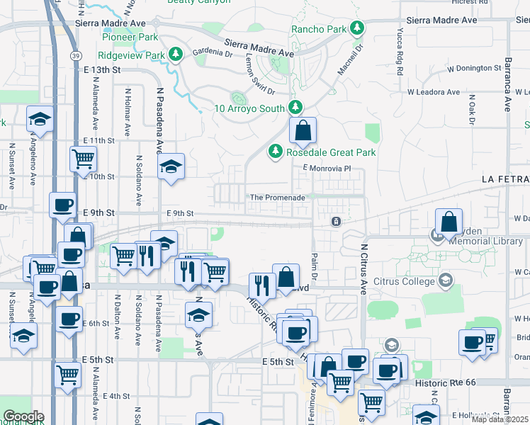 map of restaurants, bars, coffee shops, grocery stores, and more near 900 North Primrose Lane in Azusa