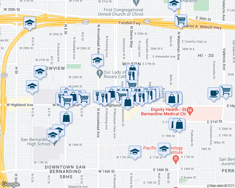 map of restaurants, bars, coffee shops, grocery stores, and more near 2323 North Mountain View Avenue in San Bernardino