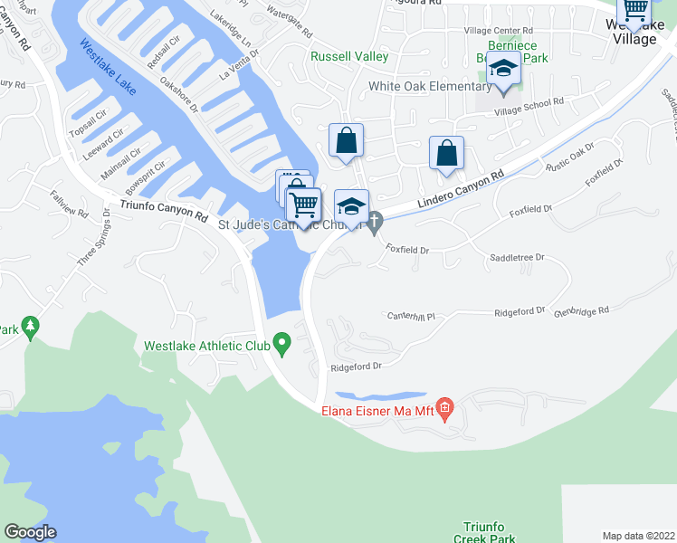 map of restaurants, bars, coffee shops, grocery stores, and more near 3630 Summershore Lane in Westlake Village