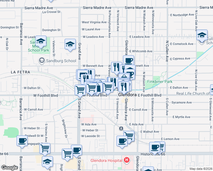 map of restaurants, bars, coffee shops, grocery stores, and more near 310 West Mountain View Avenue in Glendora