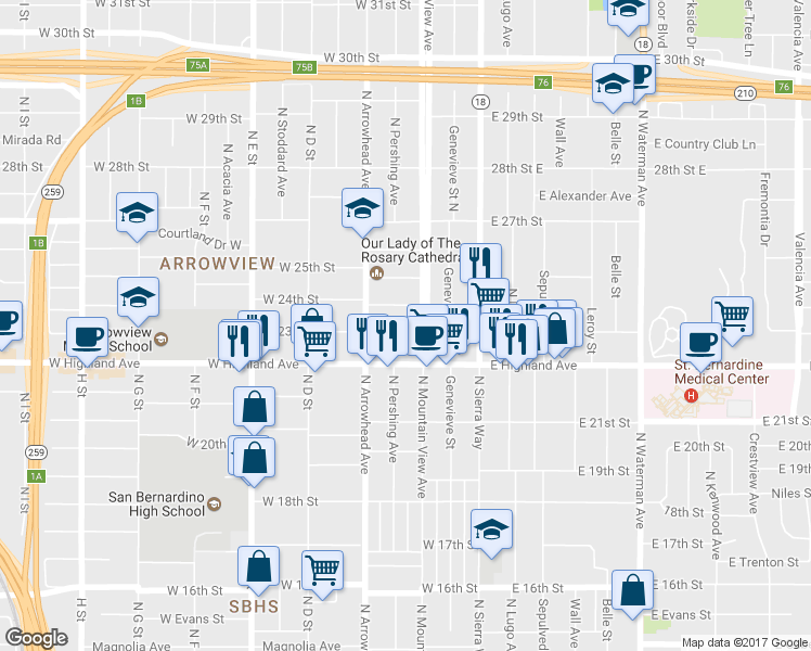 map of restaurants, bars, coffee shops, grocery stores, and more near 232 West 23rd Street in San Bernardino