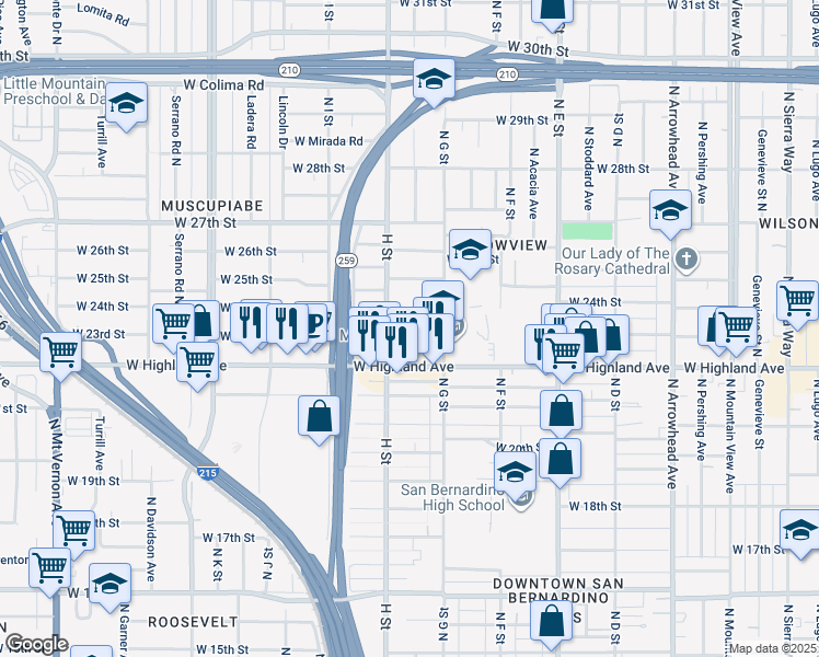 map of restaurants, bars, coffee shops, grocery stores, and more near 768 West 23rd Street in San Bernardino