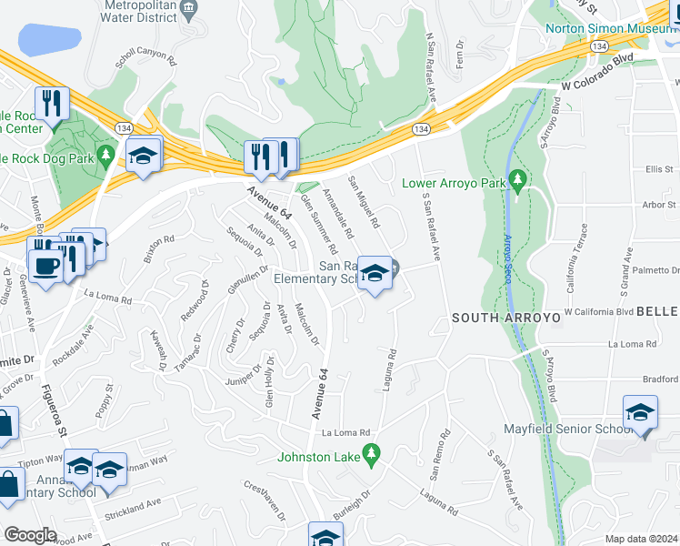 map of restaurants, bars, coffee shops, grocery stores, and more near 231 Glen Summer Road in Pasadena