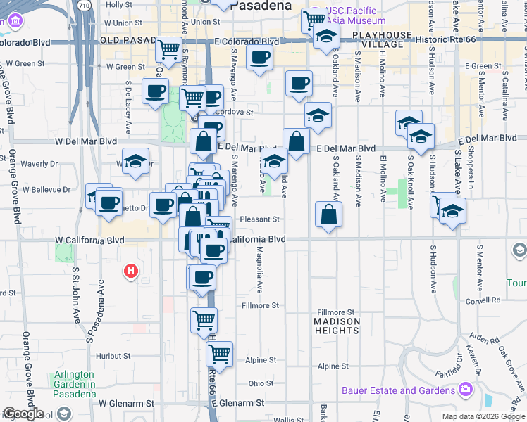 map of restaurants, bars, coffee shops, grocery stores, and more near 301 Pleasant Street in Pasadena