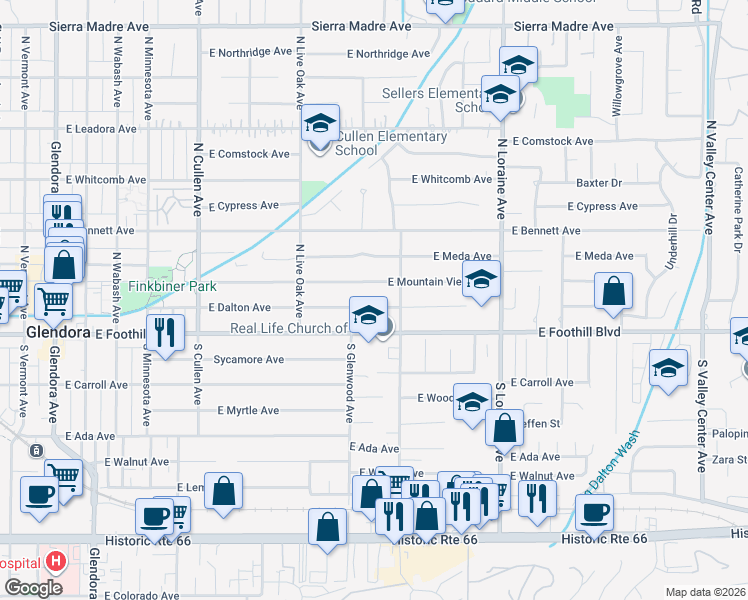 map of restaurants, bars, coffee shops, grocery stores, and more near 827 East Dalton Avenue in Glendora