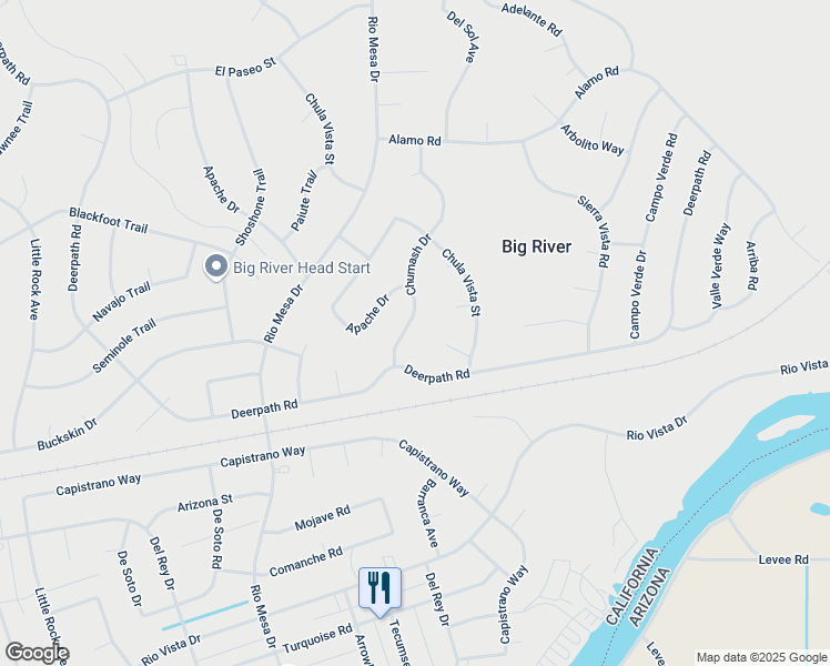 map of restaurants, bars, coffee shops, grocery stores, and more near Chumash Drive in Big River