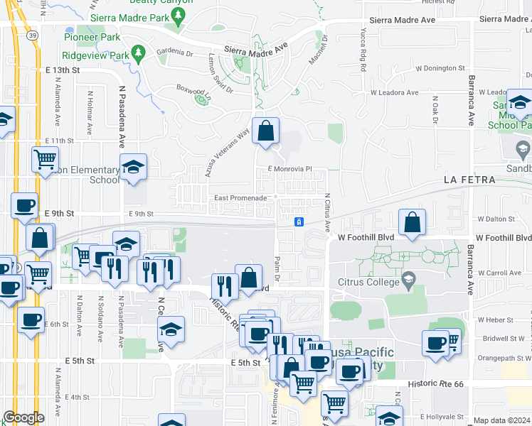 map of restaurants, bars, coffee shops, grocery stores, and more near 829 Cassia Lane in Azusa