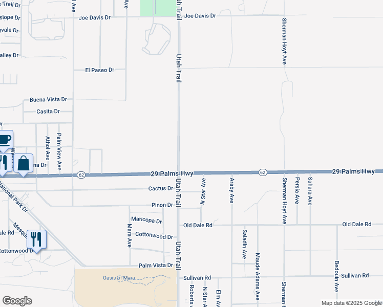 map of restaurants, bars, coffee shops, grocery stores, and more near 6425 Utah Trail in Twentynine Palms